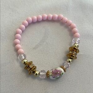 Pink Beaded Bracelet with Gold Accents